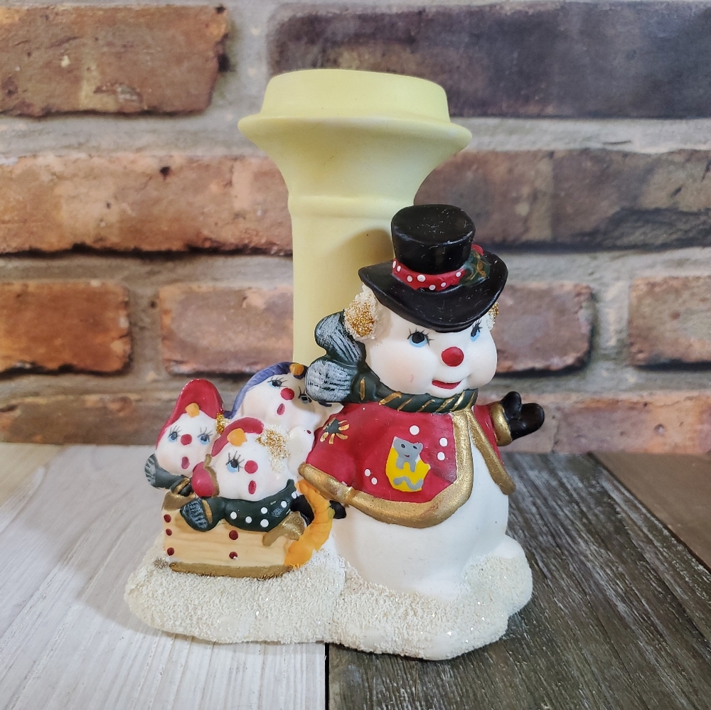 5" Ceramic Yellow Candle Stand Snowman Christmas